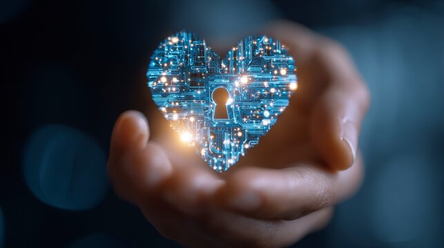 Close-up of human hand cradling a glowing, circuit-board heart shape with keyhole, symbolizing data security and digital intimacy
