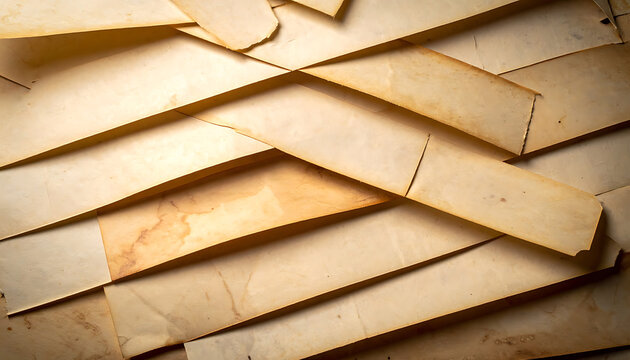 Tattered aged paper strips overlapping, distressed texture with stains and frayed edges, vintage background for design