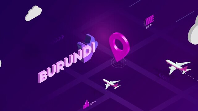 Isometric Design, Burundi Map Silhouette Location Pin and Airplanes on Purple Animation, Travel Background