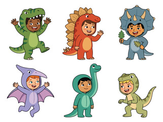 Collection vector set of kids wearing dinosaur costumes in various pose and expressions. Perfect for prehistoric themes, nursery decor, books, posters, games and stickers © Amie