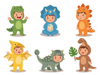 Collection vector set of kids wearing dinosaur costumes in various pose and expressions. Perfect for prehistoric themes, nursery decor, books, posters, games and stickers © Amie