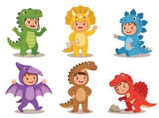 Collection vector set of kids wearing dinosaur costumes in various pose and expressions. Perfect for prehistoric themes, nursery decor, books, posters, games and stickers © Amie