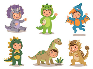 Collection vector set of kids wearing dinosaur costumes in various pose and expressions. Perfect for prehistoric themes, nursery decor, books, posters, games and stickers © Amie