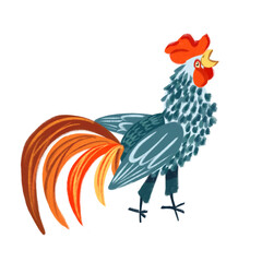 Cute Crowing Blue Rooster with Orange and Red Tail Feathers, Textured Hand Drawn Farm Cock Character, Isolated on Transparent Background © Liubov