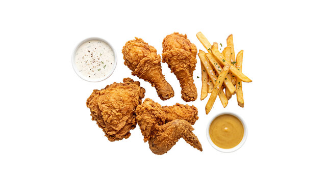 Crispy fried chicken combo with golden french fries and dipping sauces, breaded poultry drumsticks and wings, fast food meal isolated on white background