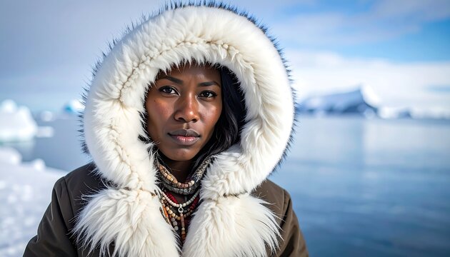 Close-up of a person wearing a fur-lined hooded jacket standing in front of a serene icy landscape with a blurred background of snow and water under a blue sky