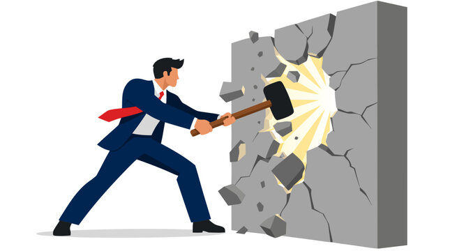 Determined businessman in navy suit breaking through concrete wall with sledgehammer, golden light rays bursting through cracks, red cape flowing, symbol of overcoming obstacles and business