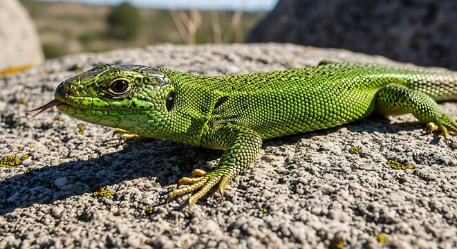 Close-up of a green lizard camouflaged on rocky ground.