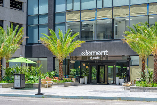 New Orleans, LA, USA - July 1, 2026: Entrance to Element (by Westin) Hotel on O'Keefe Avenue in the Central Business District