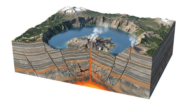 Isolated 3D cross section of a volcano with crater lake and magma chamber