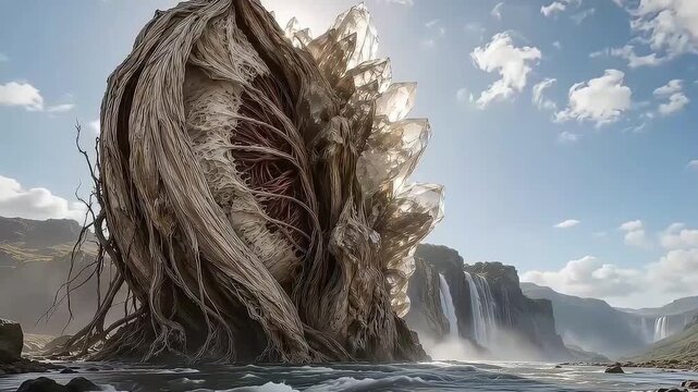 Colossal Biomechanical Alien Creature with Quartz Crystals in Fantasy Waterfall Landscape
