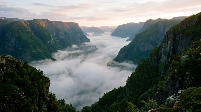 Fog fills a dramatic mountain valley between forested cliffs at dawn, suited for adventure travel campaigns, nature editorials, and outdoor retreat marketing.