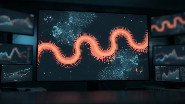 Focused display of risk monitoring software highlighting dynamic heatmaps on a main screen with peripheral screens showing supplementary data blurred.