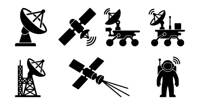 Space exploration icon set, black silhouette satellite and mars rover vector elements, astronaut and parabolic antenna symbols for science infographics