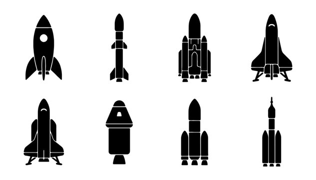 Space rocket silhouette icons set, 8 black spacecraft and shuttle vector elements, minimalist aerospace transportation symbols for science and technology
