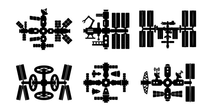 Space station silhouette icons set, 6 black orbital laboratory vector symbols, futuristic satellite and spacecraft silhouettes for infographics