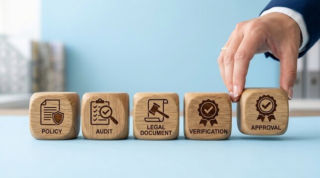 Person in business suit placing a wooden block with approval text to complete a corporate compliance process workflow