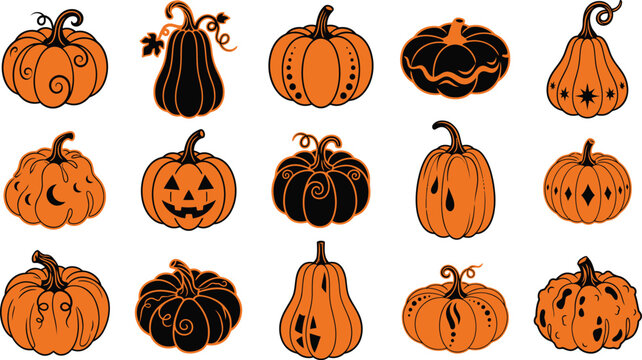 Set of various hand drawn pumpkins in orange and black colors for autumn harvest and halloween decorations