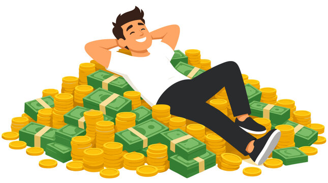 Happy wealthy man reclining on a massive pile of gold coins and green cash banknotes. Successful businessman enjoying financial freedom, wealth, and abundance in a flat vector illustration style.