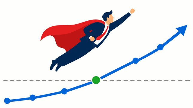 A superhero businessman in a suit and red cape flies high above a rising blue revenue graph that crosses a break-even marker, symbolizing massive business growth, financial success, and exceeding
