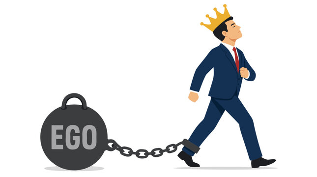 A businessman wearing a gold crown is chained to a heavy iron ball labeled EGO, symbolizing how arrogance and self-importance can drag down success and leadership in the corporate world.