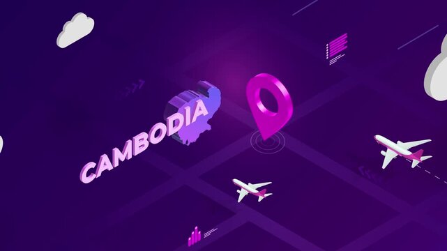 Isometric Design, Cambodia Map Silhouette Location Pin and Airplanes on Purple Animation, Travel Background