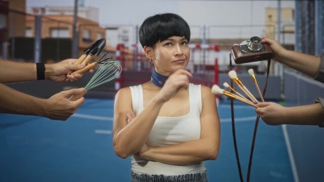 Woman with arms crossed and eyes closed while multiple hands offer camera, makeup brushes, whisk and trowel in a studio; indifference defiance.