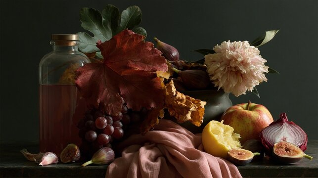 Still life of various fruits and vegetables arranged on a dark green surface. on the left side of the image, there is a glass bottle with a metal stopper and a label that reads "glass jar".