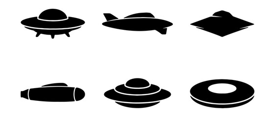 UFO silhouette icons set, alien spaceship vector collection, flying saucer and spacecraft symbols, 6 black extraterrestrial vehicle shapes © Md
