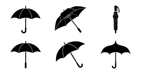 Black umbrella vector icons set, minimalist rain protection silhouettes, 6 parasol graphic elements for weather forecasting and autumn design © Md