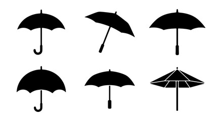 Black umbrella silhouette icons set, 6 vector parasol shapes for weather and rain protection, minimalist sunshade and umbrella collection © Md