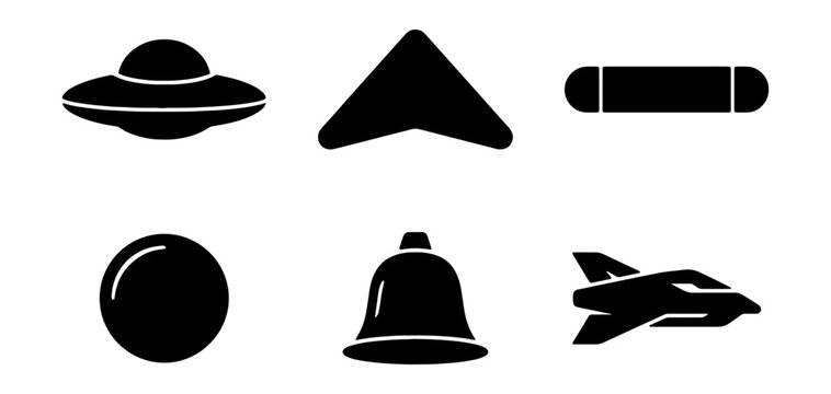 UFO and alien spacecraft silhouette icons, set of 6 unidentified flying object vector shapes, black minimalist uap and spaceship symbols