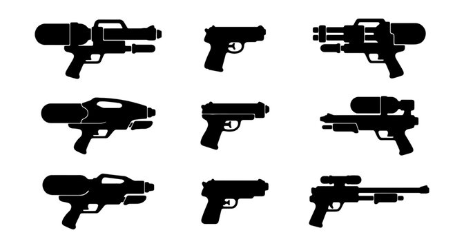 Futuristic weapon silhouette icons, set of 9 sci-fi blaster and laser gun vectors, black cyberpunk firearm graphics for game interface design