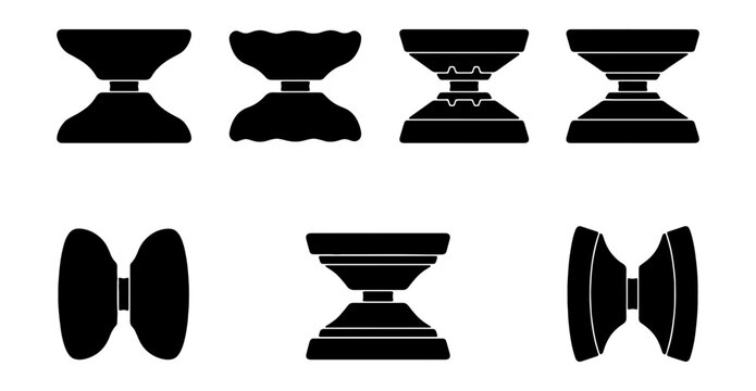 Minimalist yo-yo silhouette icons set, black professional yoyo toy vector illustrations, collection of 7 classic and modern yo-yo shapes for hobby branding