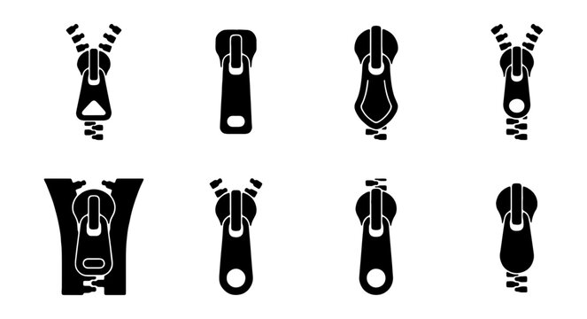Black zipper icon set with 8 vector elements, garment fastener silhouettes for clothing design, industrial zip puller symbols for fashion manufacturing