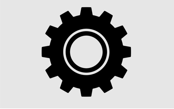 A minimalist black gear icon representing mechanical engineering, technology, and industry.