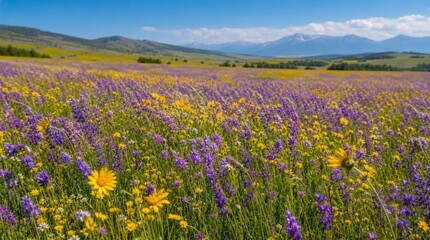 Obraz premium A vast meadow of purple and yellow wildflowers stretches toward rolling hills and hazy mountains under a blue sky, perfect for spring tourism campaigns.