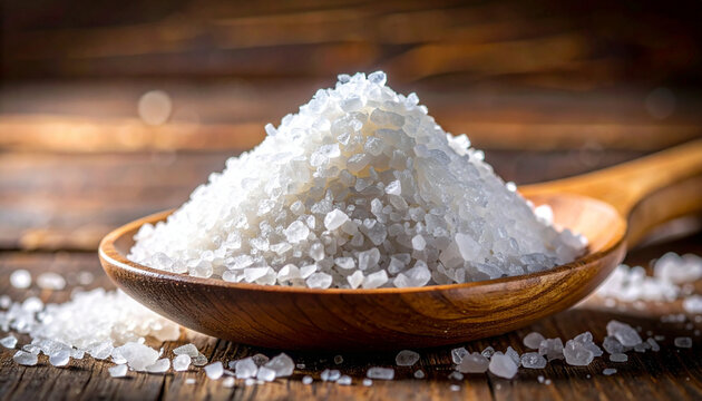 Salt crystals on wooden spoon