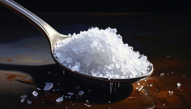 Salt crystals spoon close up
