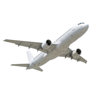 Modern white passenger airplane flying in the sky, commercial jet aircraft isolated on transparent background