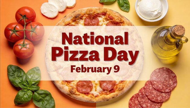 National Pizza Day February 9 banner. Flat lay of pepperoni pizza with fresh ingredients like tomatoes, basil, and mozzarella on orange and yellow background. Italian food celebration concept