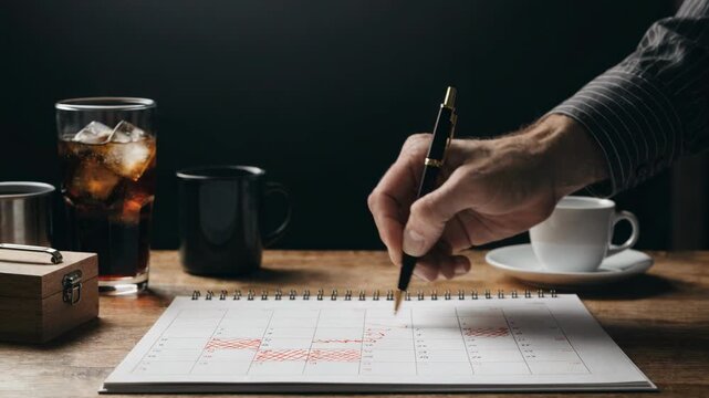 Focused medium shot of a calendar with milestone dates marked brokers hand holding a pen ready to update progress while the surrounding desk items are softly out of focus.