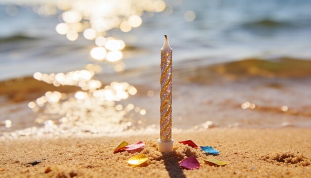 Gold glitter candle on a sandy beach with colorful confetti. Birthday celebration by the ocean at golden hour. Summer party concept with bokeh background