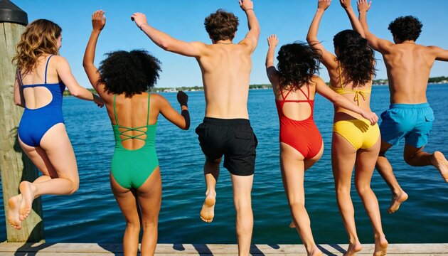 Group of diverse young adults jumping off a wooden dock into the water. Friends in colorful swimwear having fun on a summer vacation. Back view of people leaping into a lake on a sunny day
