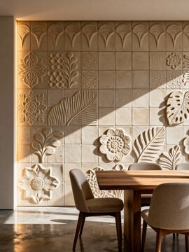 Vertical photo of a textured relief tile wall in a modern dining room. Botanical and floral 3D patterns on beige ceramic tiles. Interior design with wooden table and sunlight shadows