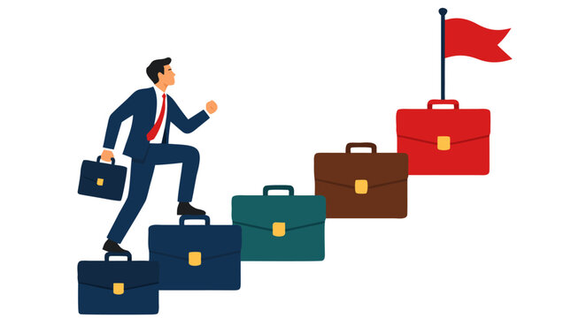 A determined businessman in a suit climbs a staircase constructed from briefcases to reach a red flag at the top, symbolizing career success and ambition in a bold flat vector style illustration.