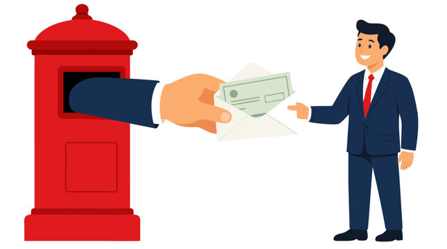 Giant hand emerging from red mailbox delivering check to smiling businessman in suit, financial success and postal service concept illustration