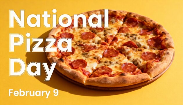 National Pizza Day February 9. Pepperoni and sausage pizza on a wooden board against a bright yellow background. Food holiday celebration graphic with bold white text and hard shadow