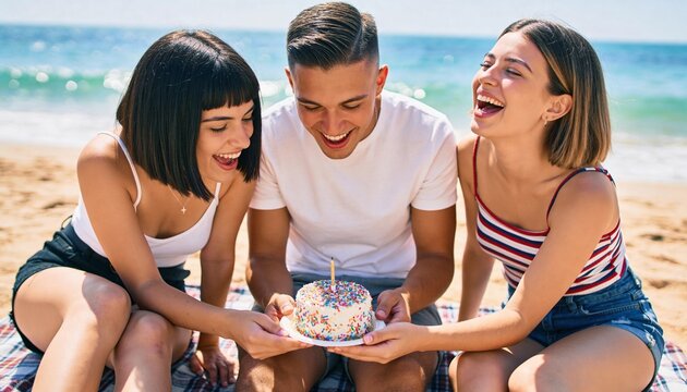 Group of friends celebrating a birthday on the beach. Happy young people with a sprinkle cake and candle. Summer vacation celebration concept