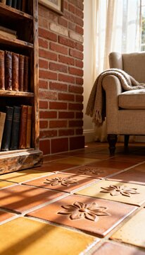 Vertical photo of decorative terracotta floor tiles with floral patterns. Rustic interior with vintage bookshelf and cozy armchair. Warm sunlight in a home library or reading nook